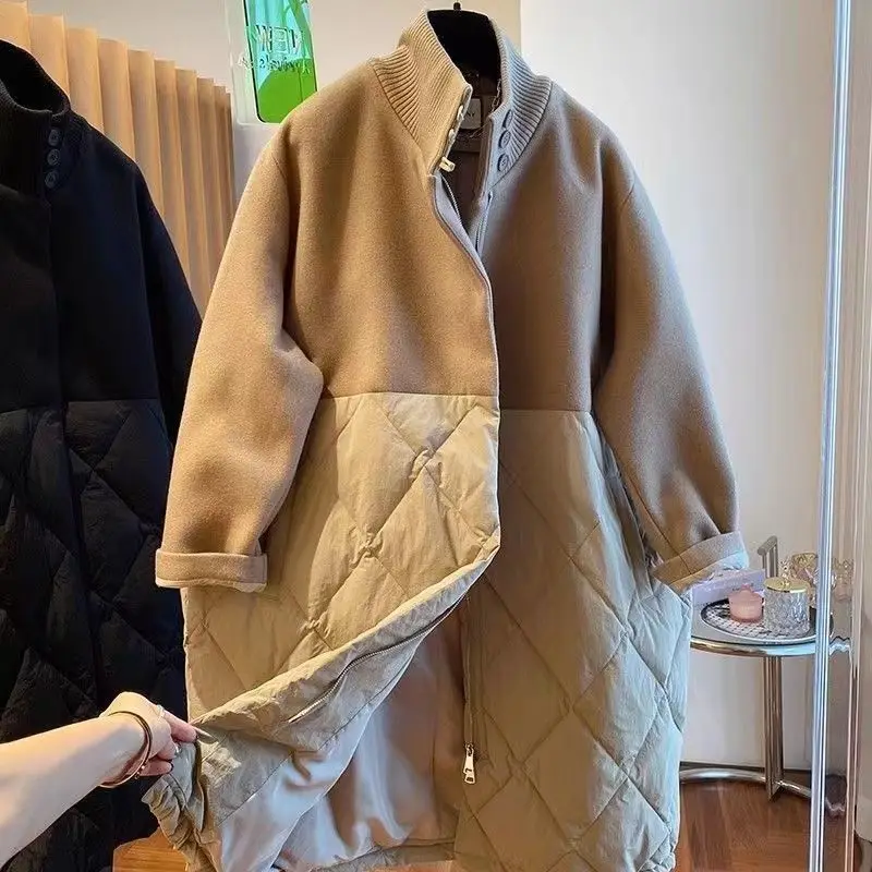 Design Sense Niche Woolen Splicing Cotton Clothes Women's Medium and Long Winter Coat Jacket