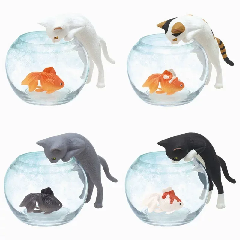 

Миниатюрный пейзаж, кошка наблюдает за золотой рыбкой, кавайная модель, мультяшная фигурка, слепая коробка, коллекция игрушек, украшения, подарки для детей
