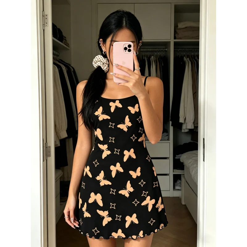 Women Summer Nightdress Spaghetti Strap Ruffle Trim Round Neck Home Loungewear Sleep Dress Cute Butterfly Print