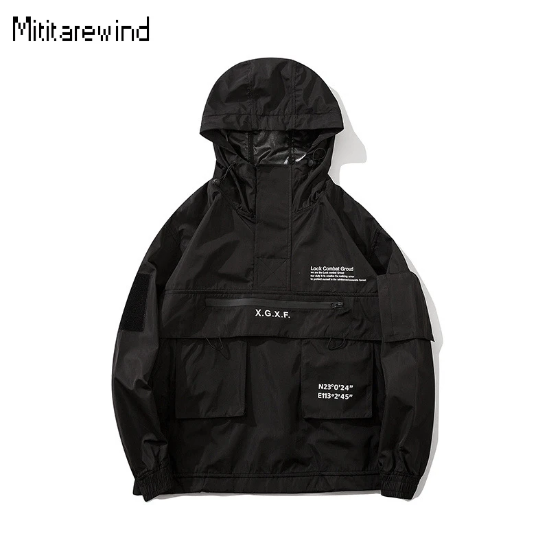 

Japanese Style Jackets for Men Spring Fall Tactical Style Loose Cargo Jacket Black Hooded Jacket Personality Causal Hiking Coat
