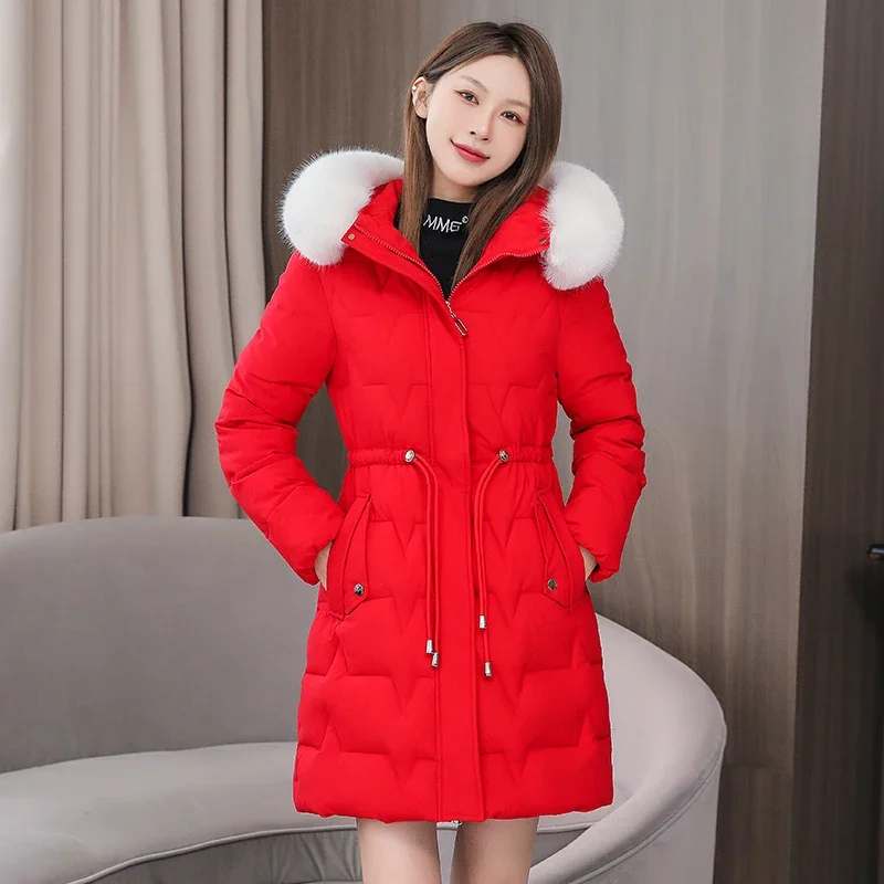 Doudoune longue à capuche pour femme avec col en fourrure, manteau en coton, veste optique, parka monochrome, combat de degrés froids, hiver, nouveau