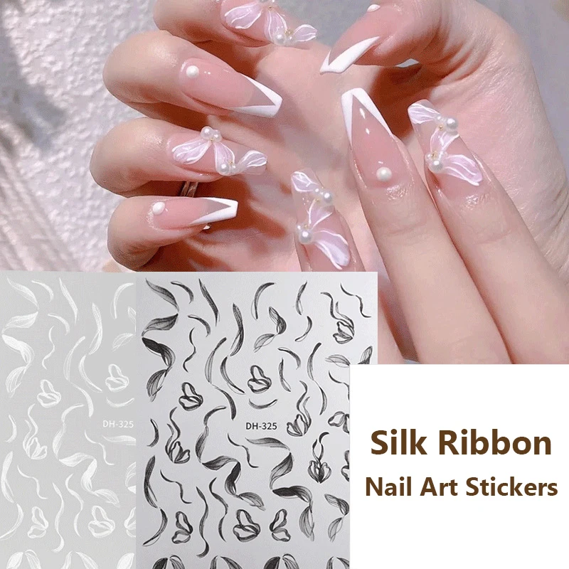 3D Embossed White Silk Ribbon Nail Art Stickers Nail Decals For Women Diy Nail Art Supplies Nail Designs Nail Decorations Salon