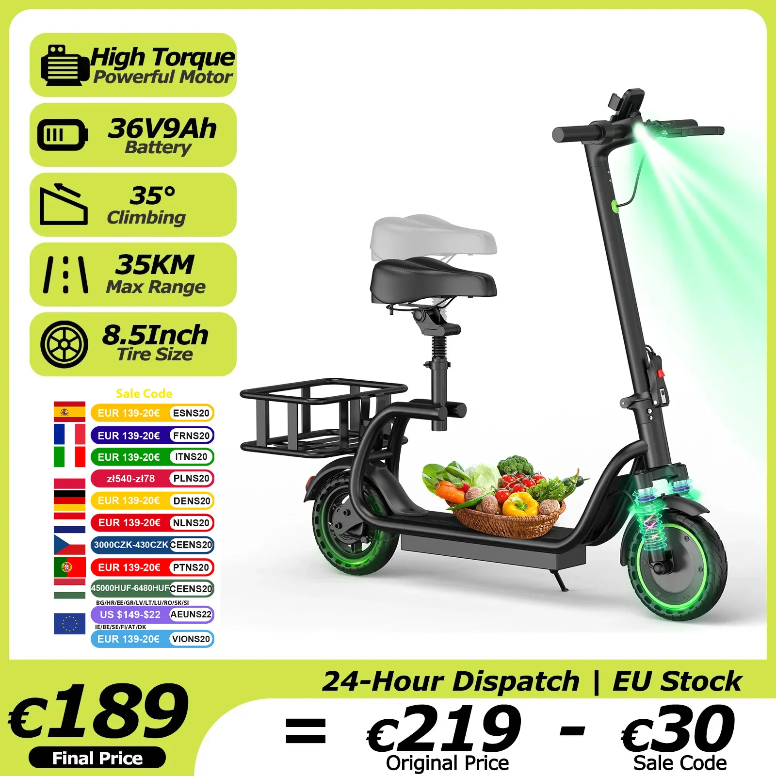 Image of AOVOPRO S2Pro Elektrofahrrad Leistungsstarker Motor Elektroroller mit Sitz 36V9AH 35KM Reichweite Korb 8,5 Zoll E-Scooter Doppelbremse E-Bike mit Smart-App