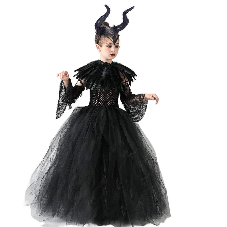 Girls Maleficent Black Gown Evil Queen Witch Cosplay Dress Children Carnival Halloween Disguise Costume Tulle Robe with Shawl