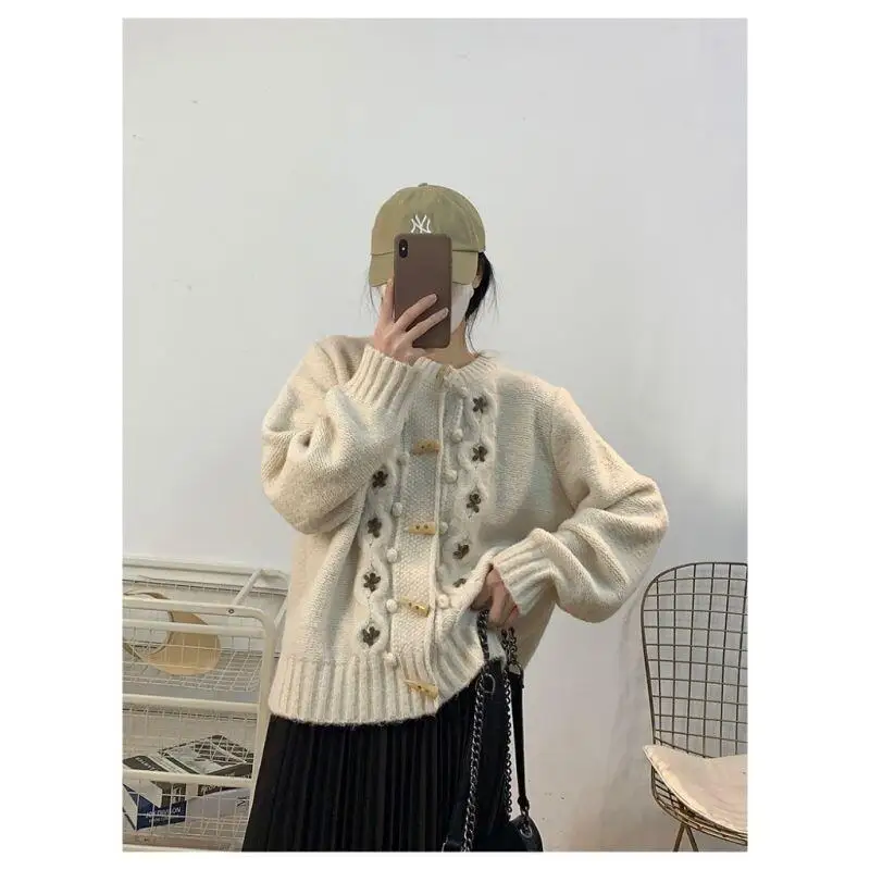 الطازجة الحلو لطيف الترفيه يوميا 2025 الخريف الشتاء جديد ريترو تصميم سترة مشغولة من الصوف المرأة ضئيلة فضفاضة لينة مريحة لباس غير رسمي #3