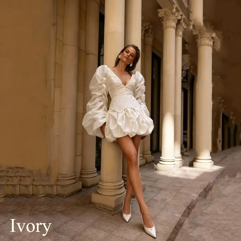 Simple Ivory Satin Mini Wedding Dresses Sexy Elegant Deep V-Neck Pleat Long Sleeves Pleat Lace Short Bride Dress 2026 Customized