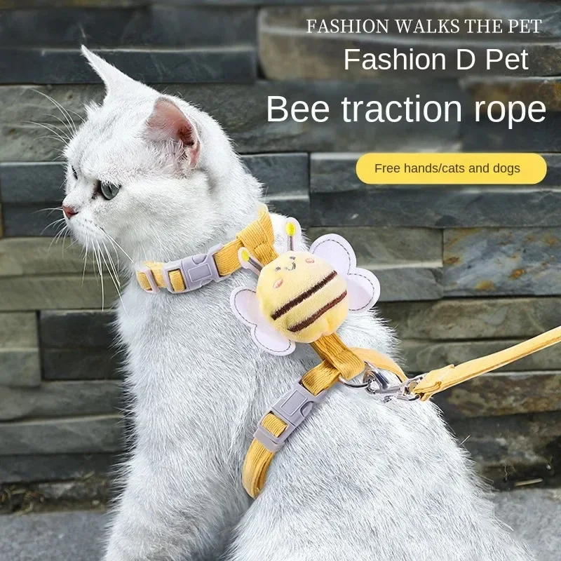 Cat harness leash necklace set, adjustable cartoon bee double-layer dog harness, small medium