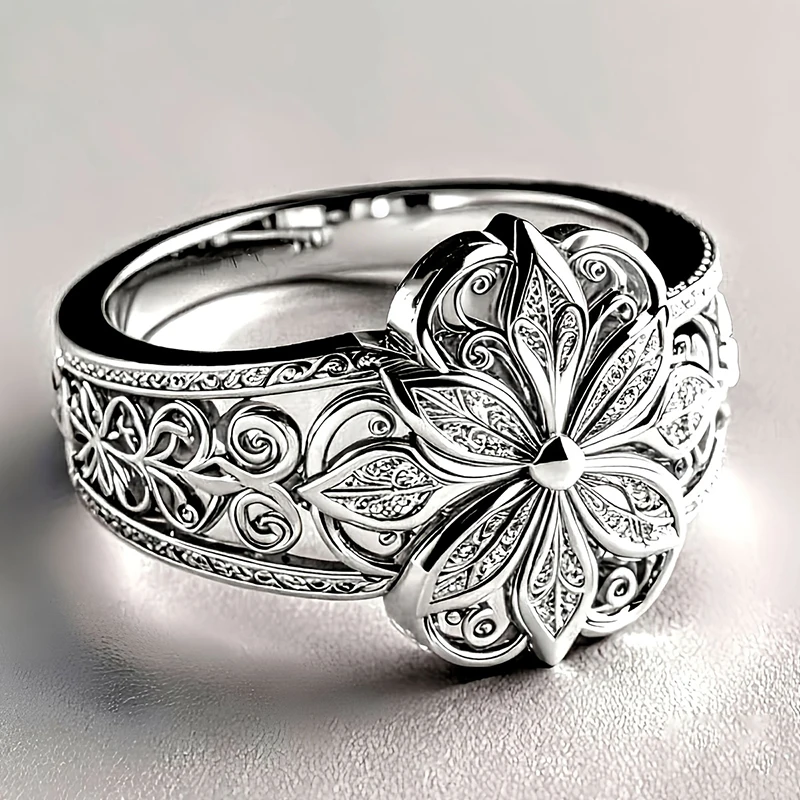 Huitan Wunderschöner Damenring, ästhetisches Blumen-Gravur-Design, trendiges Zubehör für Party, Hochzeit, bezaubernder, schicker Schmuck, Geschenk für Damen – Detail 4
