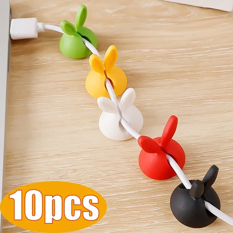 1-10pcs Cable Manager Cute Bunny Ears Cable Clips Silicone Back Adhesive Desk Sticker Phone Charger Winder Earphones Wire Holder