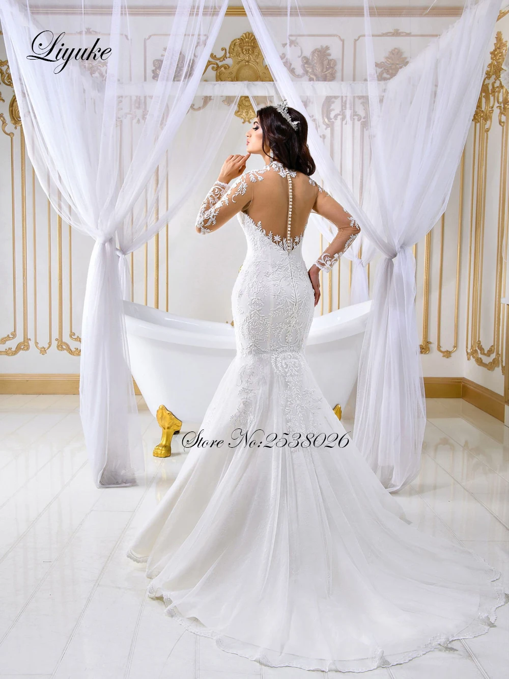 Liyuke personalizado feito elegante sereia vestido de casamento apliques mangas completas querida até o chão trompete vestidos de noiva