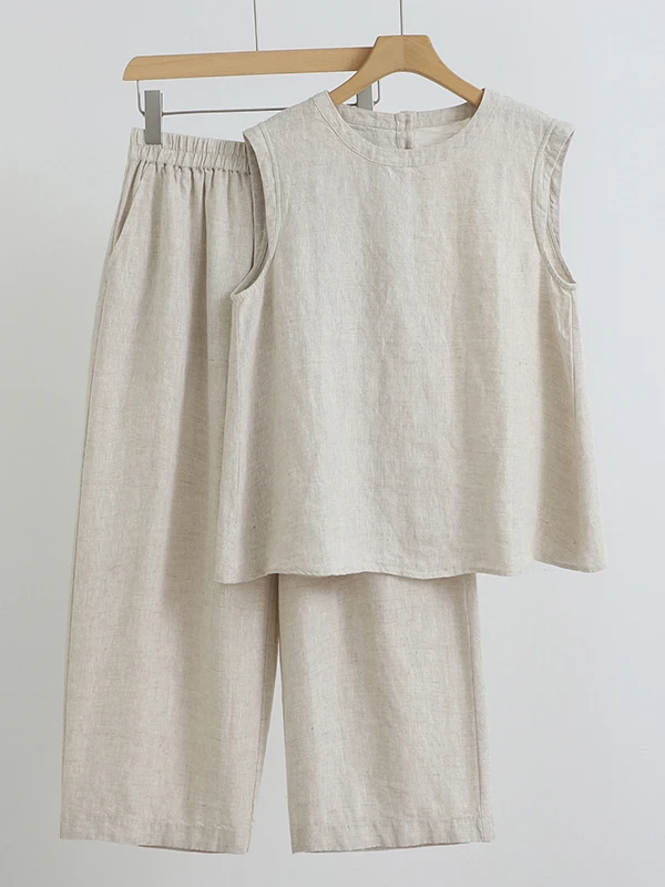 

Retro Cotton Linen Faion Set Svel round Ne Small Vest Elastic Waist Wide Leg Pants Loose Linen Large Size Two Piece...