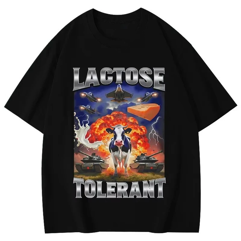 Lactose Tolerant Funny Cow Meme Graphic T Shirts Women's Fashion Vintage T-shirts Short Sleeve T-shirt Summer Streetwear Y2K Top