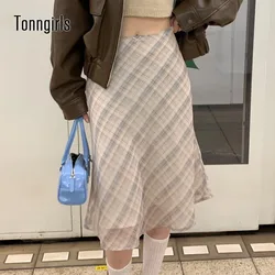 Tonngirls Y2k Vintage Plaid Skirt Women A-line Knee-length Summer 2000s Korean Fashion Harajuku Bottom Ladies Skirts Fairycore