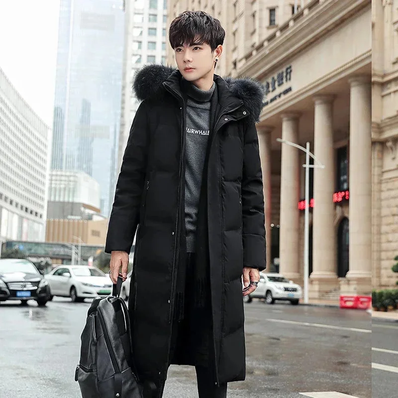 Down Jacket Men's Long Knee Length Thick Warm Duck Loose Size Puffer For Men With Real Fur Collar Coat Man