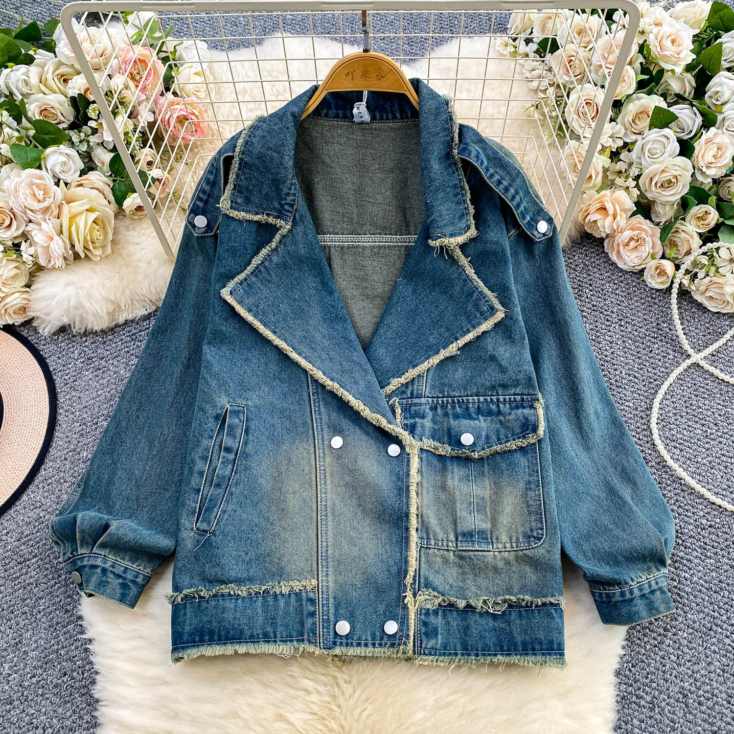 

Retro Sle Women's Oversized Denim Jaet with Fringe Lapel Double Breasted Slimming Outerwear for Autumn Winter