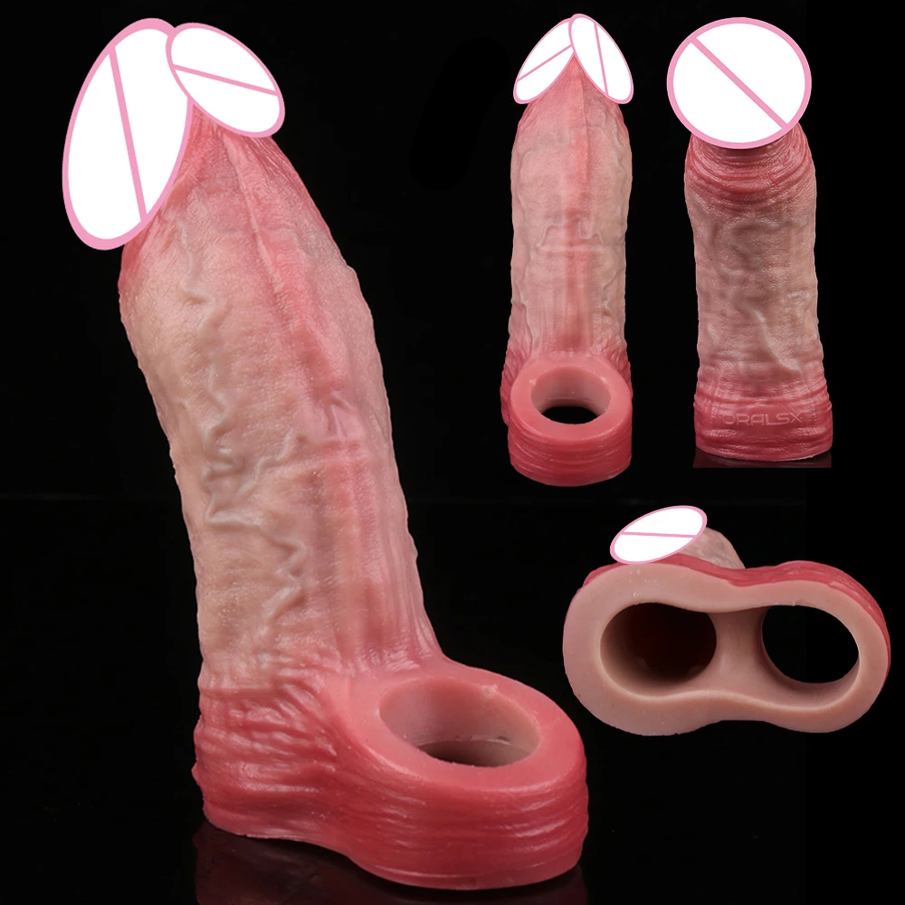 SXXY Ultra Realistic Silicone Penis Enlarger Sleeve with Cock Ring Reusable Penis Extension Sleeve Male Penis Sheath Adult Sex