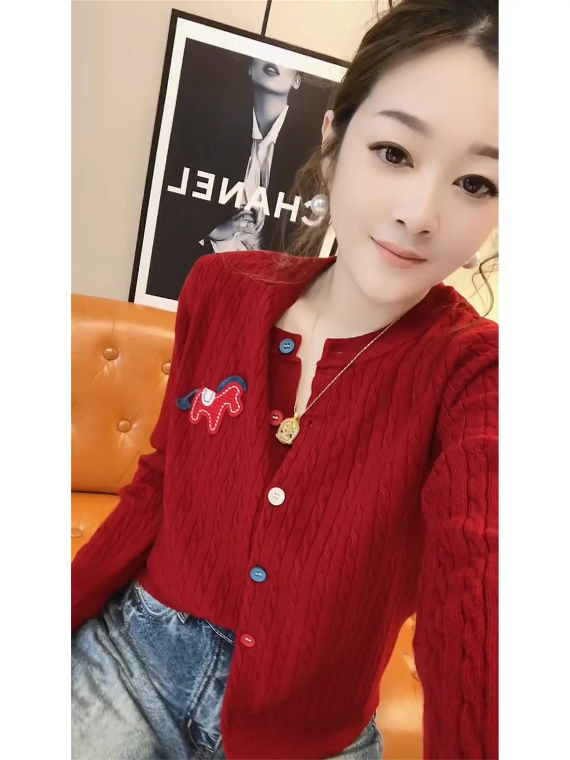 

European Sle Knitted round Ne Sweater Coat Women's Cartoon Embroidery Single Button Versatile Anti-Aging Sweater