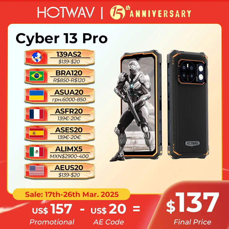 HOTWAV Cyber 13 Pro Smartphone robuste 150LM lampe de poche 20GB + 256GB 6.6 ''FHD + 2K affichage téléphone portable 10800mAh 64MP téléphone portable