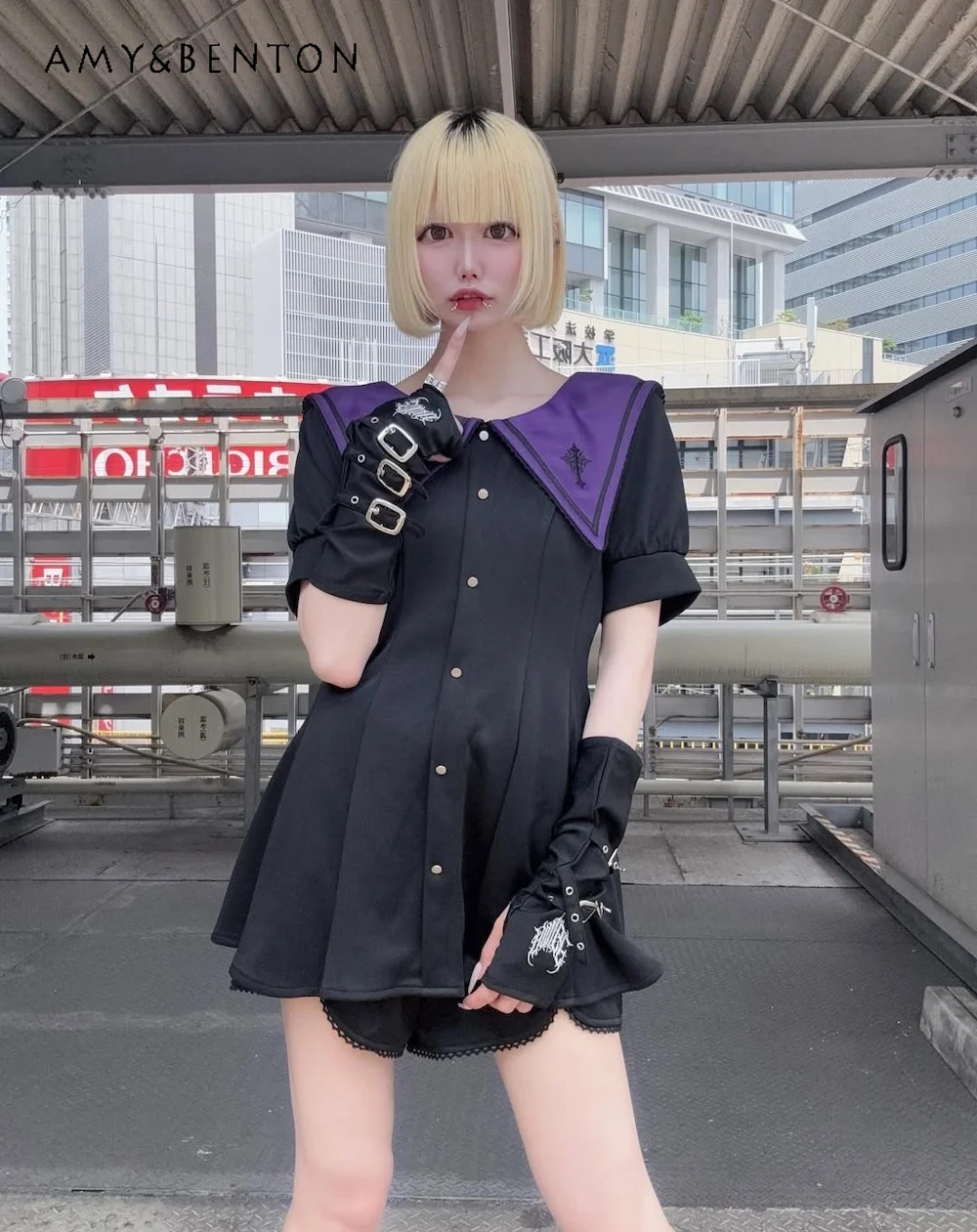 Japanese Gothic Embroidered Cross Lace Trim Patchwork Short Sleeve Waist-Cinching A-Line Dress Shorts Subculture Lolita Sets