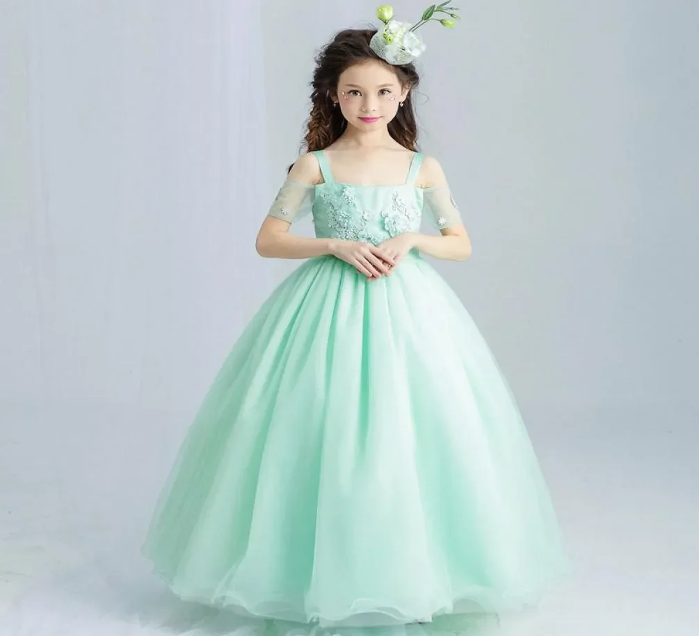 Mintgroene Elegante Tule Kant Appliques Kraal Bloem Meisje Jurk Bruiloft Kids Eerste Communie Feest Prom Vestidos Para Niñas 2023