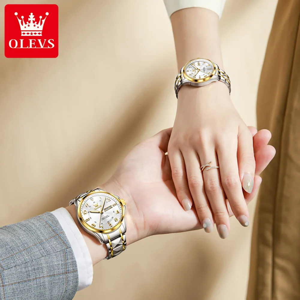 OLEVS-Montre de couple à quartz de luxe classique pour hommes et femmes, horloge étanche en acier inoxydable, cadran numérique en diamant, marque originale