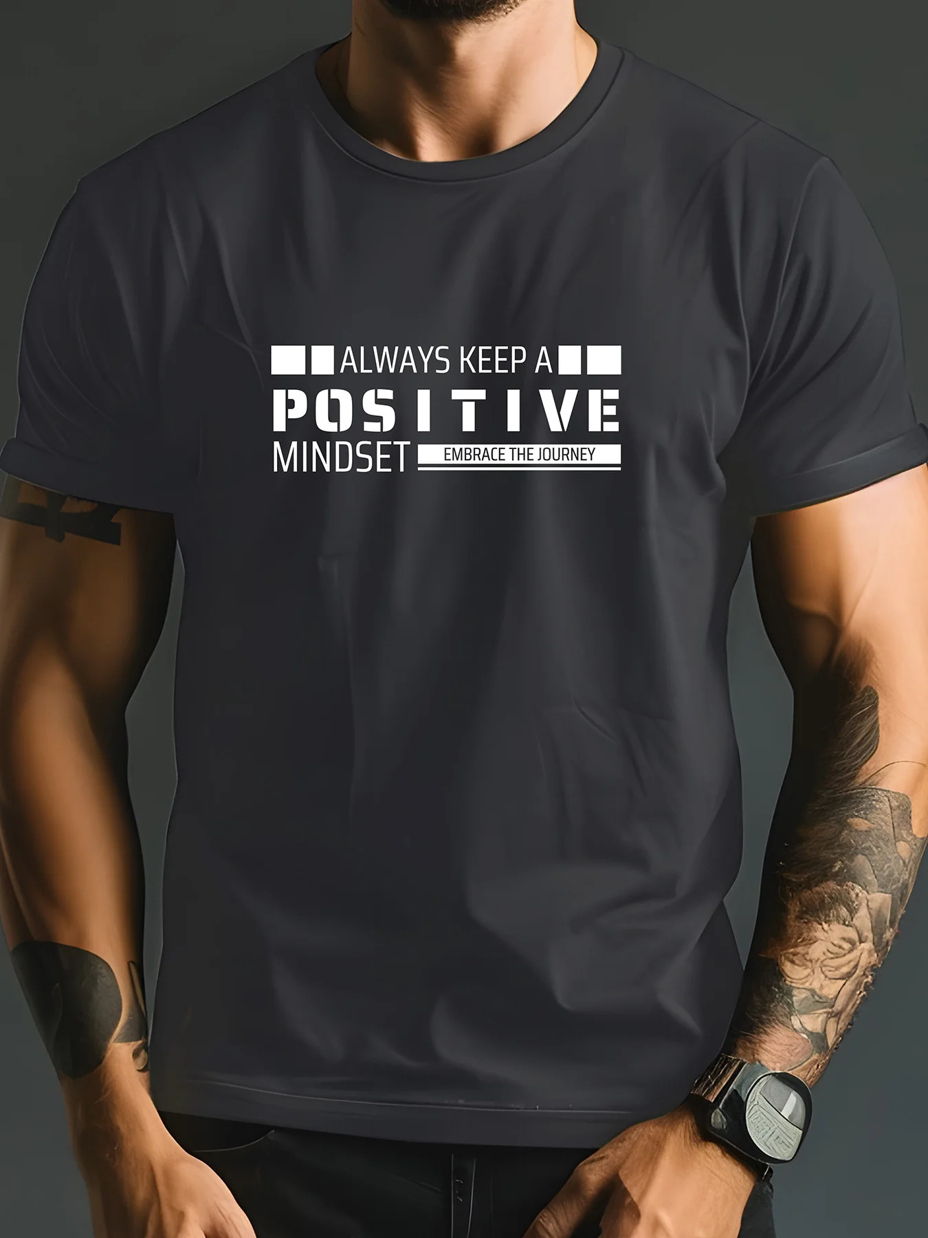 Men's summer 100 cotton casual loose always maintain a positive attitude letter printed sports round neck short sleeved T-shirt