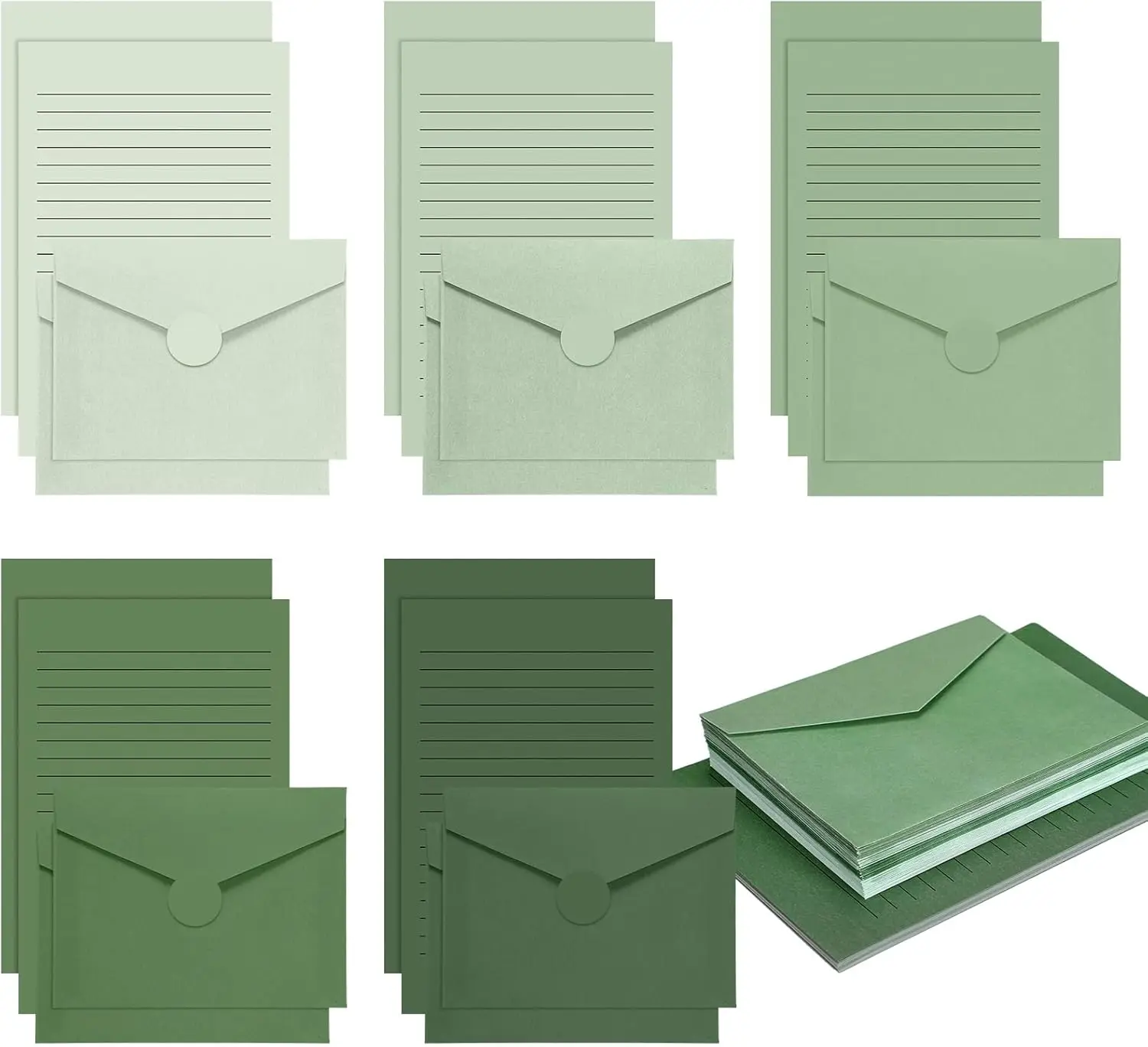 

100 Pcs Stationery Paper and Envelopes Set - 50 Lined Letter Writing Paper & 50 Envelopes for Office, 5.5x8.25 Inch Sage Green