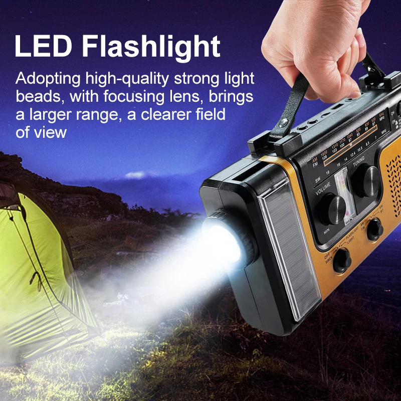 Outdoor Led Flashlight Radio Portable AM/FM/SW Emergency Solar Hand Crank Radio BT Wireless Speaker 2000mah Rechargeable Battery