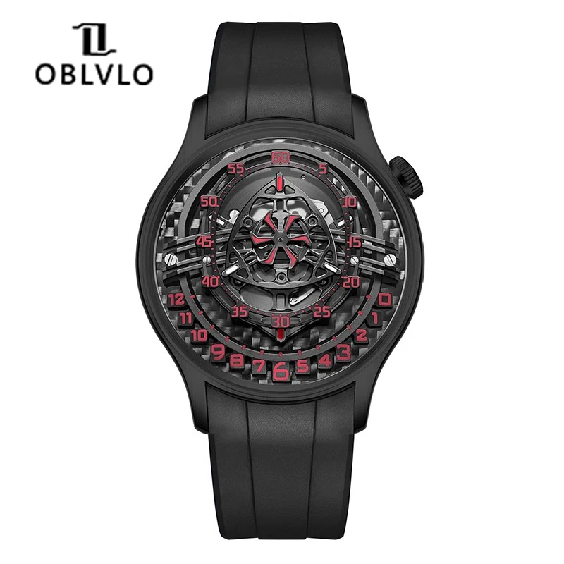 OBLVLO Original Design Mens Carbon FIbre Rotor Dial Automatic Mechanical Watch Blue Glow Sapphire Glass Waterproof Sport Watches