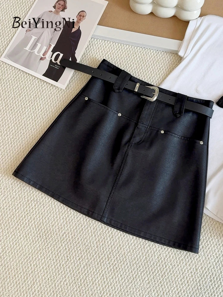 Beiyingni Vintage Spódnica w kształcie litery A z wysokim stanem, damska spódniczka mini ze skóry PU z paskiem, streetwear, z podszewką, wiosna-jesień 2025, Faldas