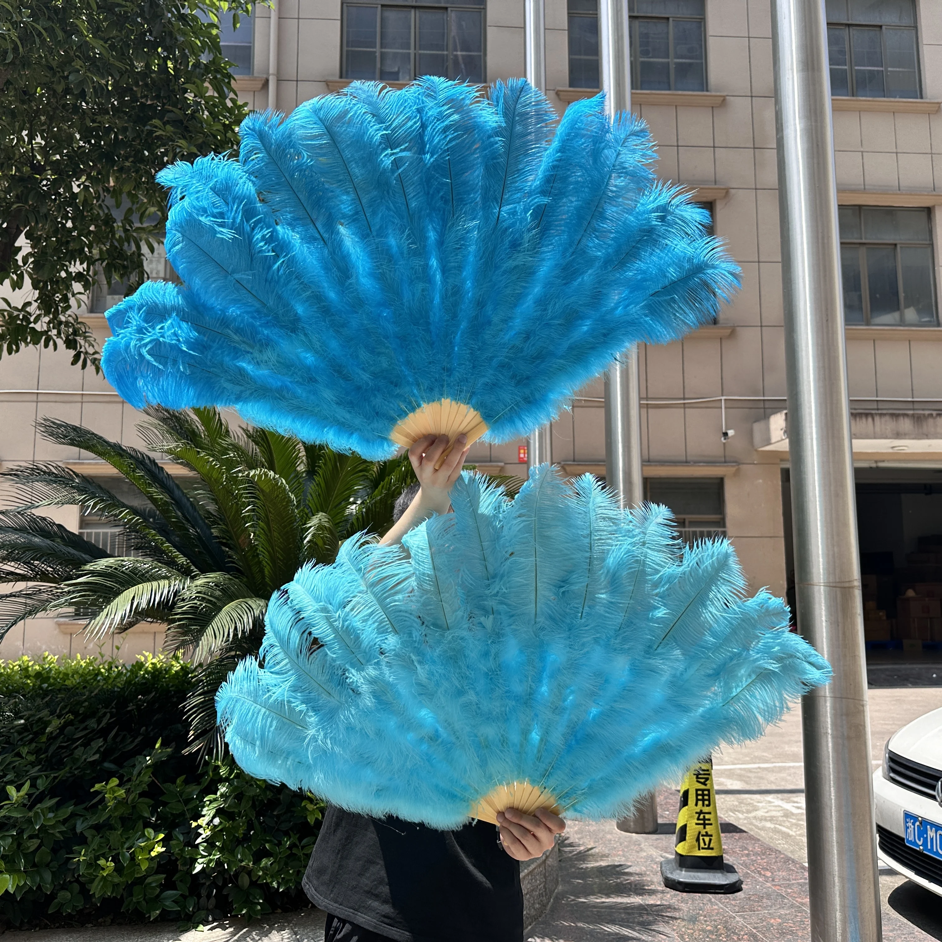 Natural Sky Blue Ostrich Feather Fan 100/70CM Big Handheld Plumes Fan for Wedding Decoration, Stage Dance, Carnival, Home Decor