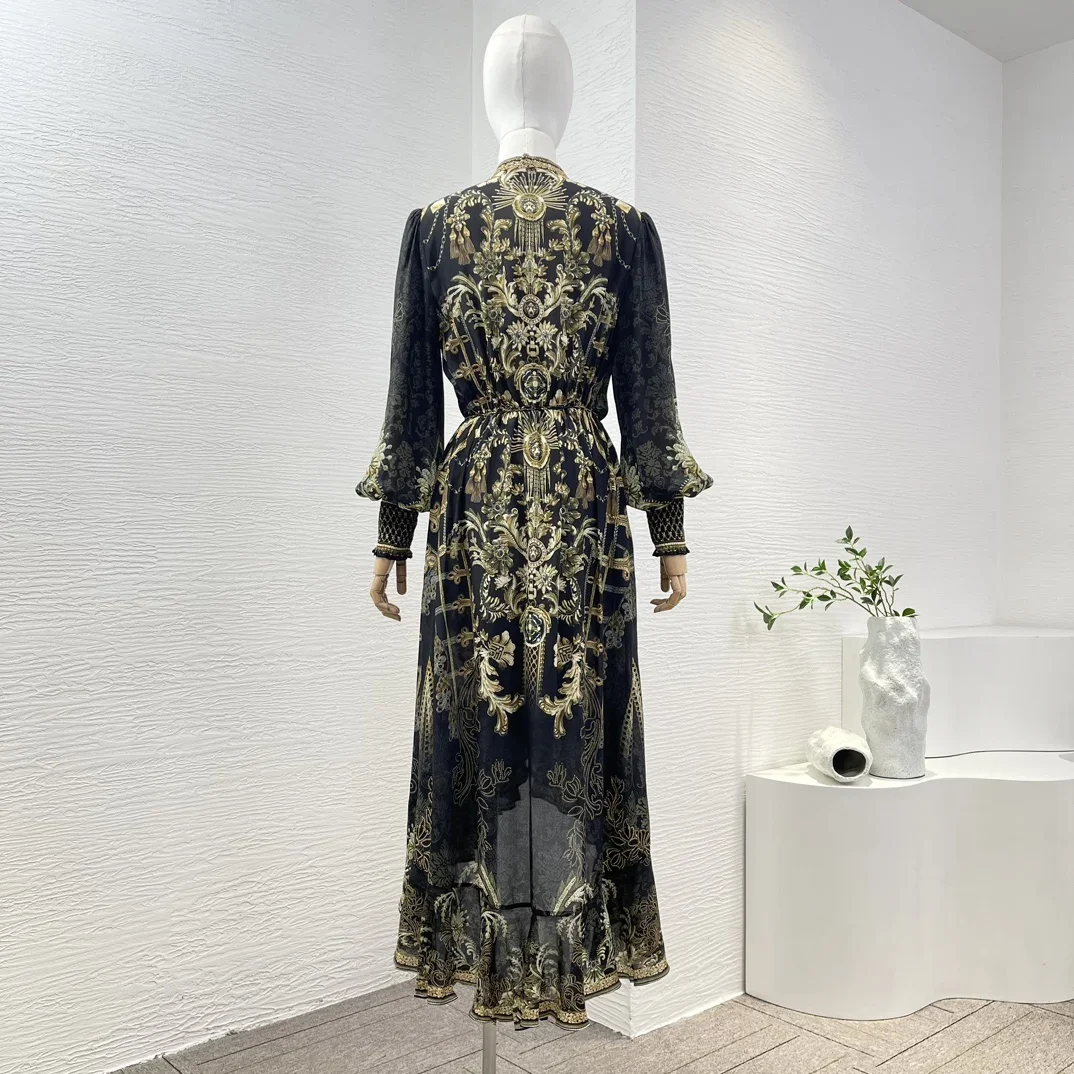 Silk Black Gold Print Long Sleeve Diamonds Pressed V-neck Irregular Tail Self Bow Tie Waist Wrap Midi Dress for Women