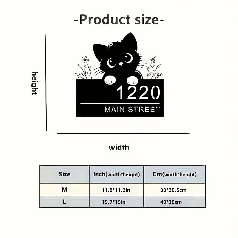 Customizable Black Cat Metal House Number Sign - Outdoor Address Plaque with Flower Accents, Wall-Mounted Front Door Decoration