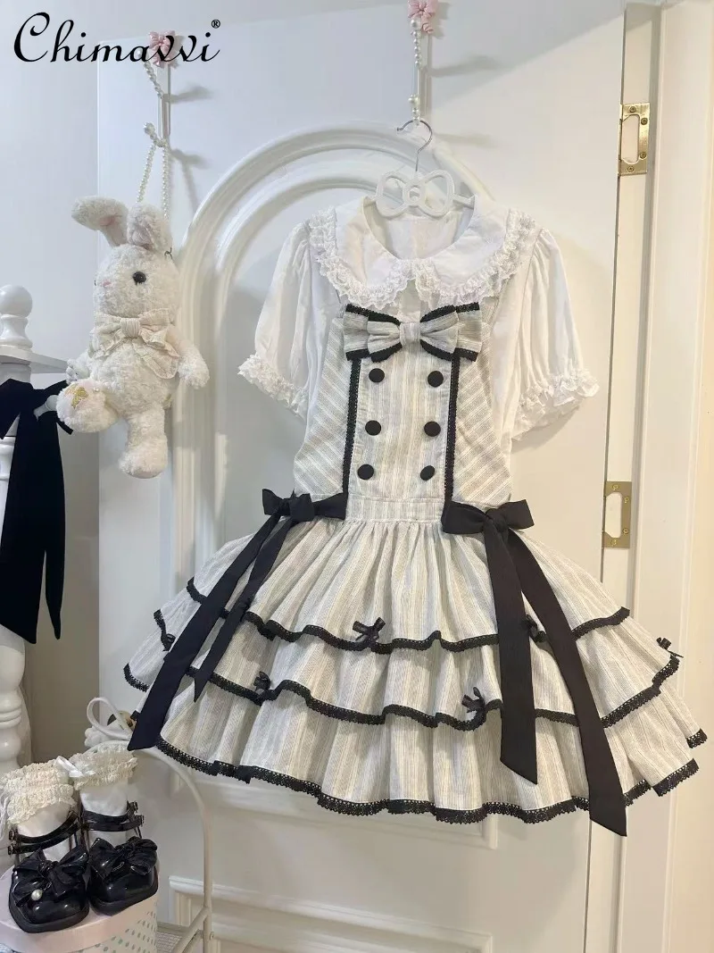 

Lolita Three-section Cotton Black White Suspender Dress Doll Cute Dress Summer New Fashion High Waist Elegant Princess Dress