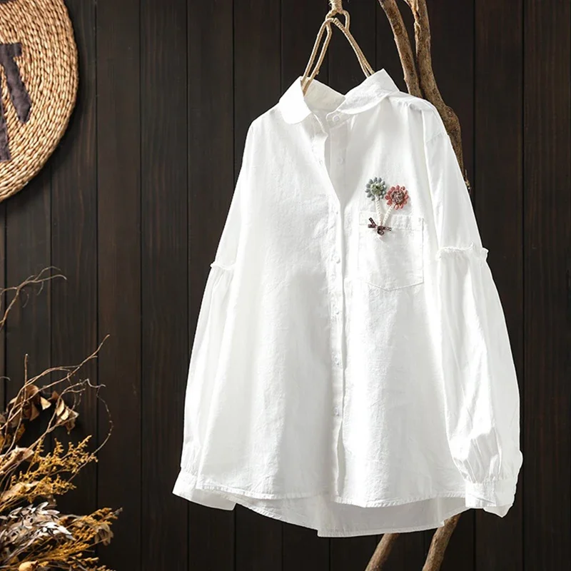 Spring Autumn Sweet Hand Flower Embroidered Shirt Camisa Women Long Sleeved Turn Down Collar Casual Loose Blouse Tops