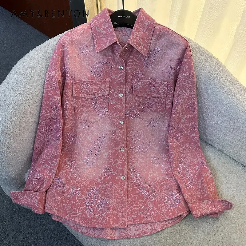 

2025 Autumn Heavy Industry New Rhinestone Pink Denim Long Sleeves Shirt Jacket Ladies Loose Casual Mid-Length Top Blouse Coat