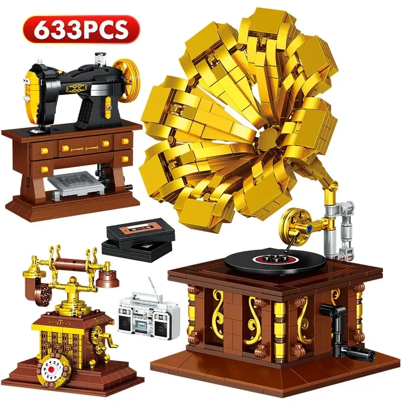 Awesome City Mini Retro Home Furnishings Sewing Machine Model Building Blocks Friends Phonograph DIY Bricks Toys for Kids Gift
