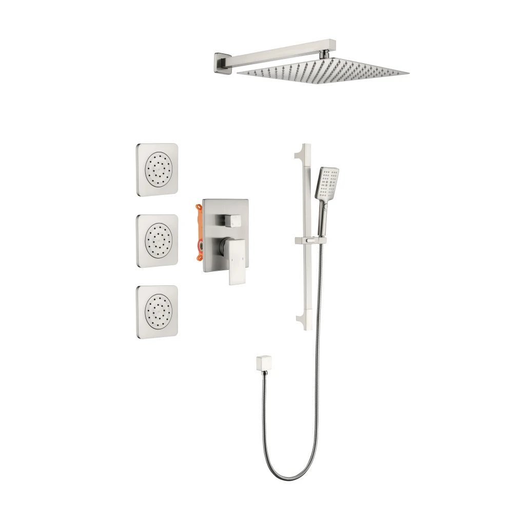 Shower System with Shower Head, Hand Shower, Slide Bar, Bodysprays, Shower Arm, Hose, Valve Trim, and Lever Handles