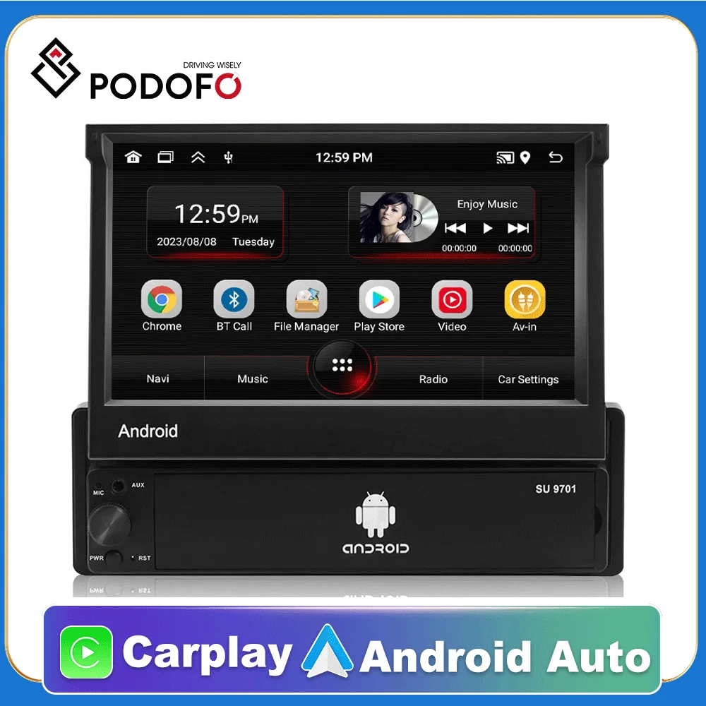 Podofo Android Car Radio Carplay Autoradio 1 Din 7'' Touch Screen Car Multimedia Player GPS Navigation Wifi Auto Bluetooth USB