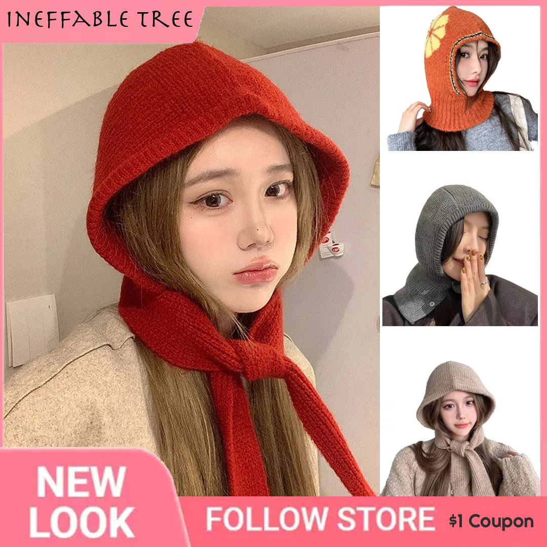 

Y2K Flower Contrast Color Balaclava Hats for Women Ear Protection Scarf One Piece Cap Winter Warm Hooded Beanie Girl Knit Gorro