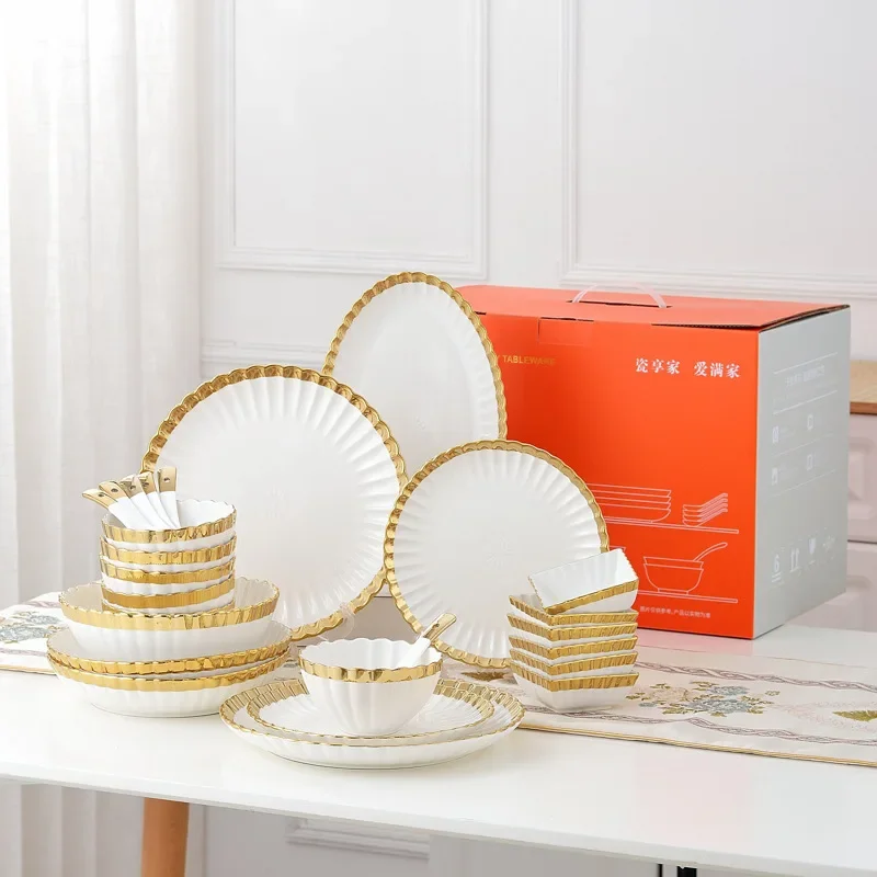 Gold and white Plate plated rim Ceramic Bowls Ceramic dinner Plates dishes dinnerware tray  in bulk stock outdoor tableware