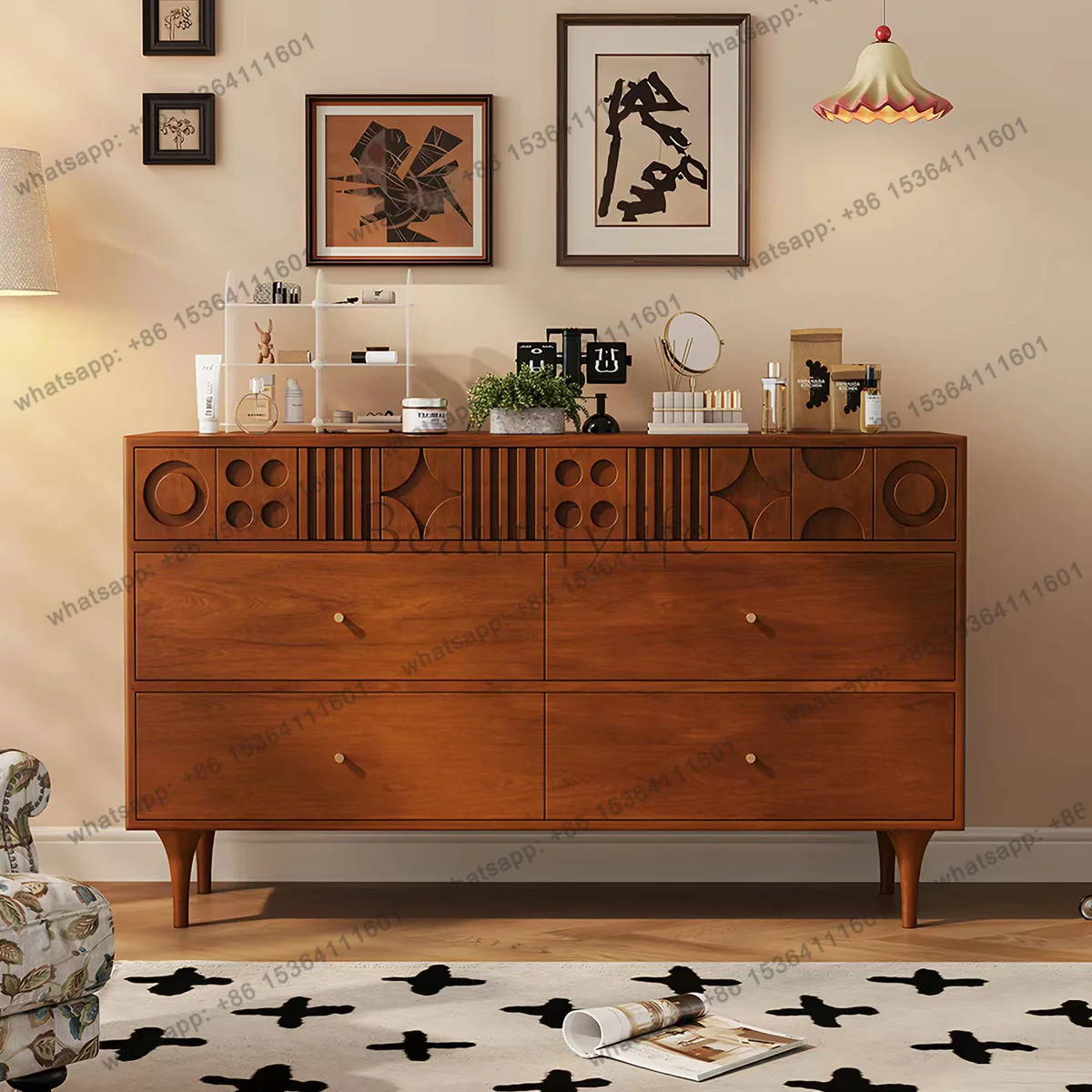 PJ medieval solid wood six-chest cabinet bedroom storage retro storage cabinet