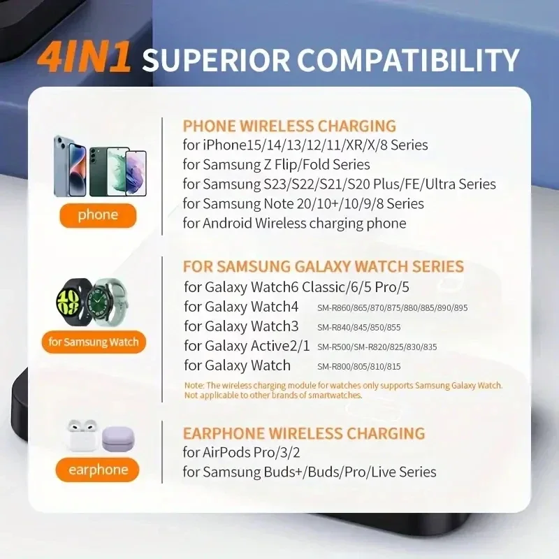 4 In 1 Wireless Smart Phone Watch Charger Stand Foldable For Samsung S23 S22 Galaxy Watch 5 4 3 Active2/1 Fast Charging Station