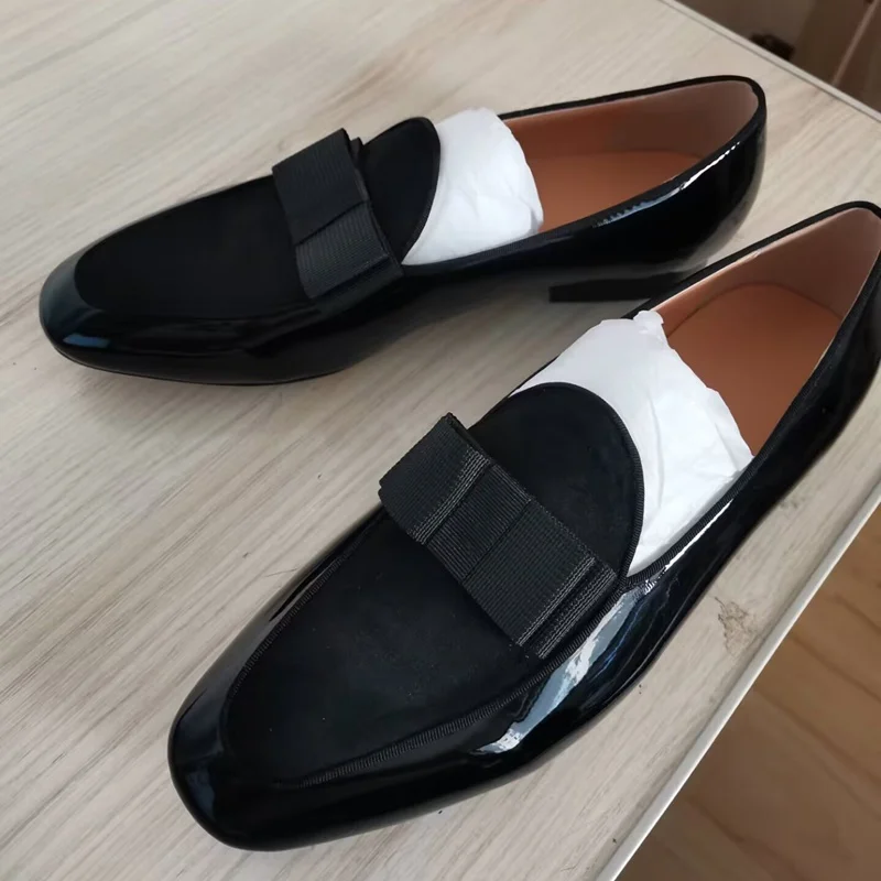 

High Quality Black Bowtie Loafer Patchwork Men Shoes Genuine Leather Casual Shoes Men's Flats Dress Shoes Slip Ons