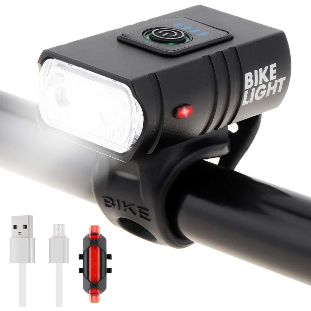 

USB Rechargeable Bike Front Light, Super Bright 2 LED 1000LM Waterproof 6 Modes Bicycle Headlight and Tail Rear Light Set Tailli