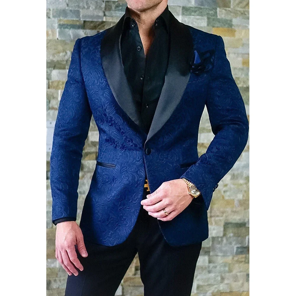 Men Jackets Royal Blue High-end Jacquard Shawl Lapel One Button Coat 1 Piece Fashion Groom Wedding Party Prom Jacket Slim