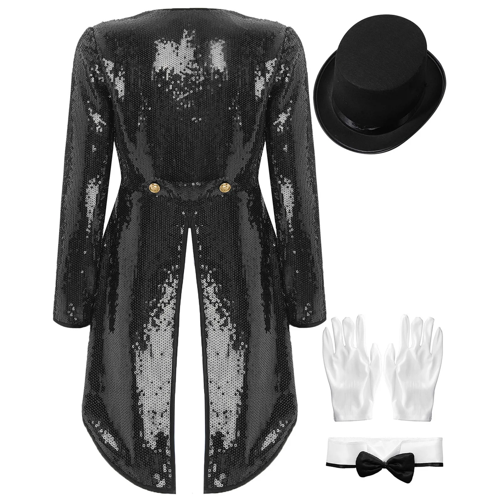 Women Halloween Magician Cosplay Costume Circus Ringmaster Showman Performance Outfit Sequin Tailcoat with Hat Bow Collar Gloves