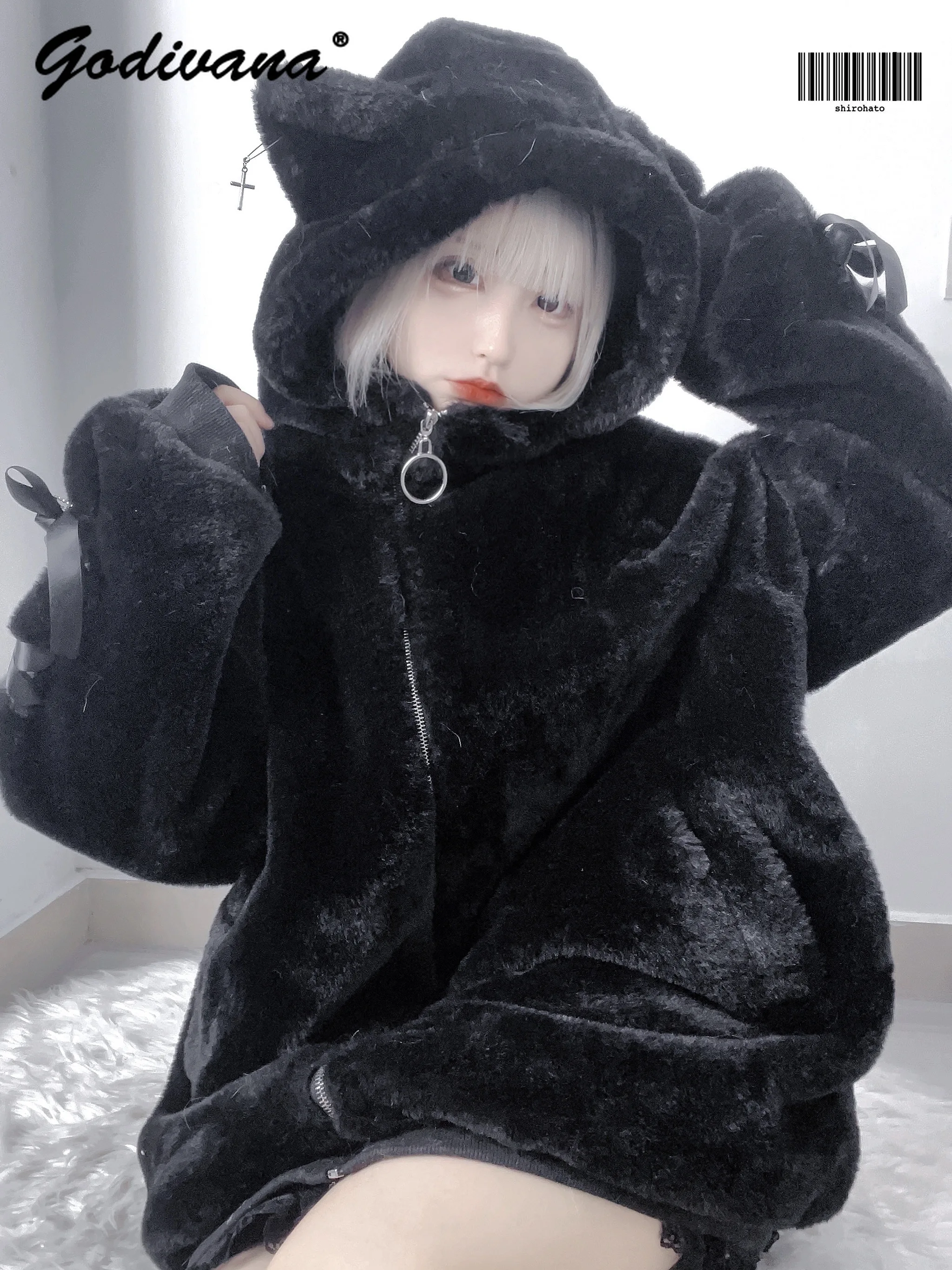 Japanese New Sweet Girls Winter Cat Ear Thick Hooded Plush Jacket Lace-up Sleeve Women Black and White Furry Fleece Coat Outwear