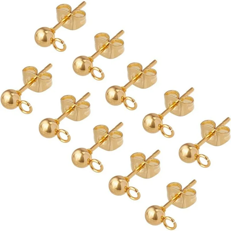 

100pcs 24K Gold Plated Ball Post Earrings with Loop Stainless Steel Earring Studs with Ear Nuts Hypoallergenic Earring Findings