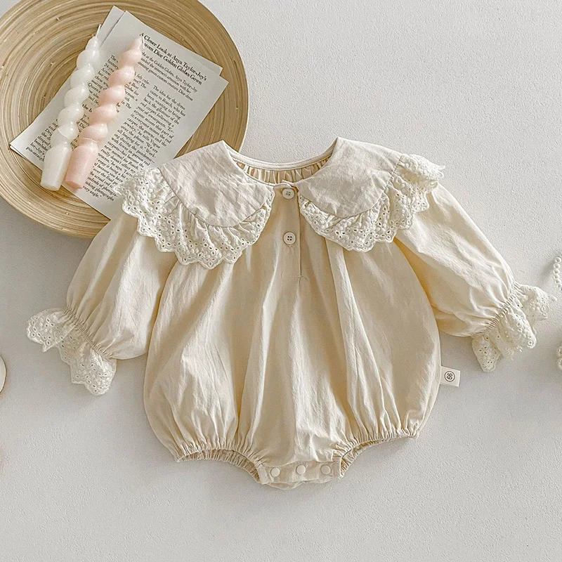 

2024 New Spring 0-24M Children Clothes Korean Style Climbing Suit Long Sleeved Cotton Lace Splicing Infant Baby Girls Jumpsuit